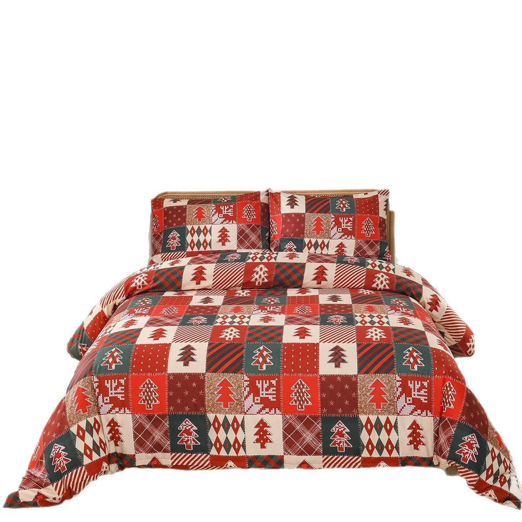 Christmas red plaid pattern bedding three-piece set with quilt cover and matching pillowcases