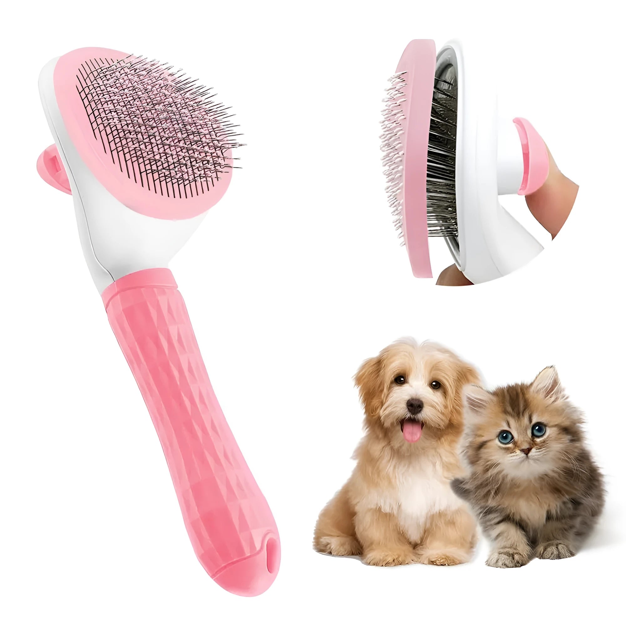 Blue cat grooming brush with a release button and fine wire bristles for removing loose hair.