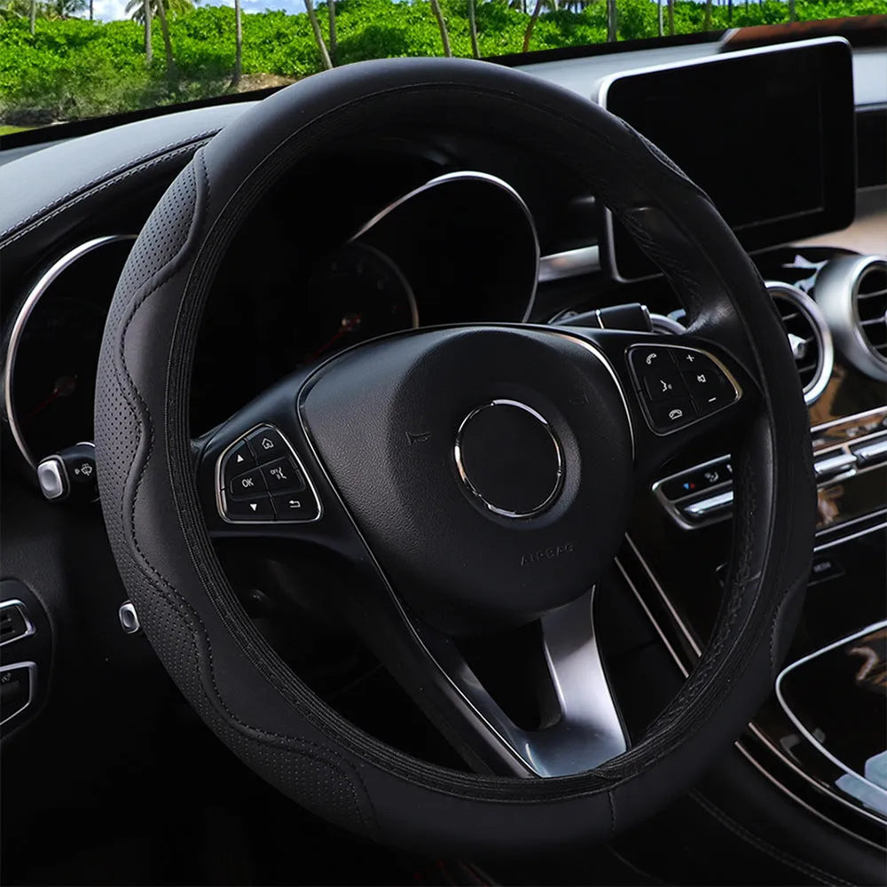 Elastic corrugated steering wheel cover in PU leather foam for 37-38cm diameter wheels