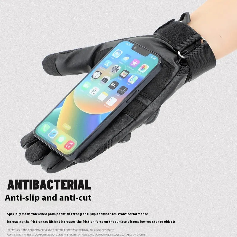 Men's black tactical full-finger gloves with touch screen capability on the fingertips.
