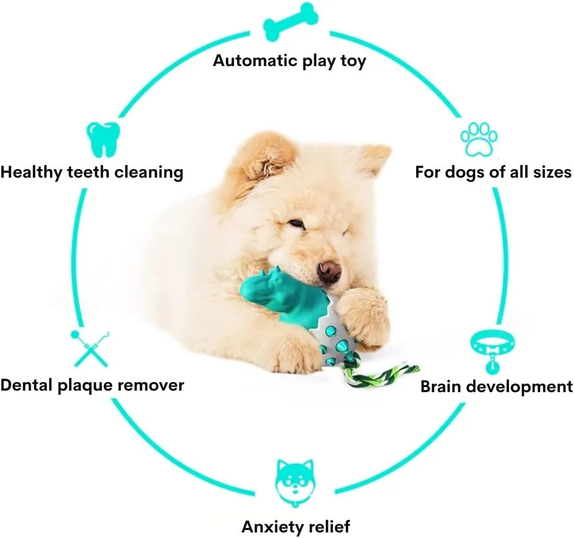 Blue durable dinosaur-shaped dog chew toy with an integrated rope and textured surface for dental care.