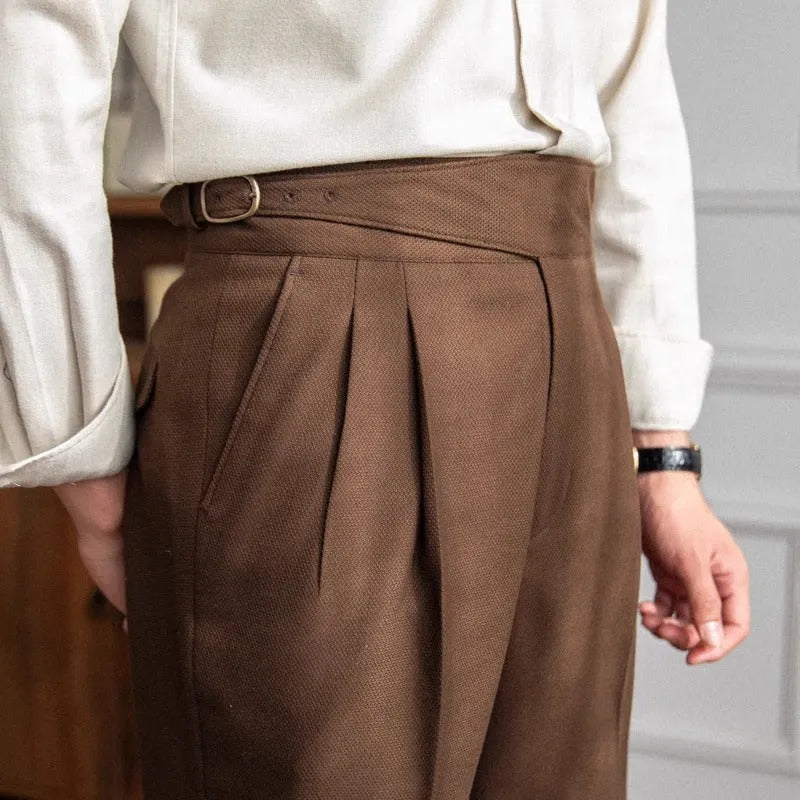Men's high waist straight leg casual trousers in polyester fabric shown in black, brown, khaki, or white.