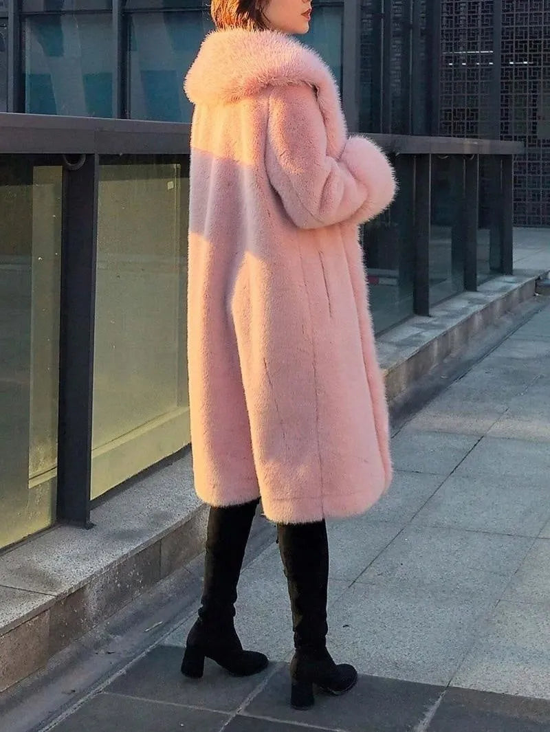 Women's gray faux rabbit fur and leather-look mid-length coat with a thick fur collar.