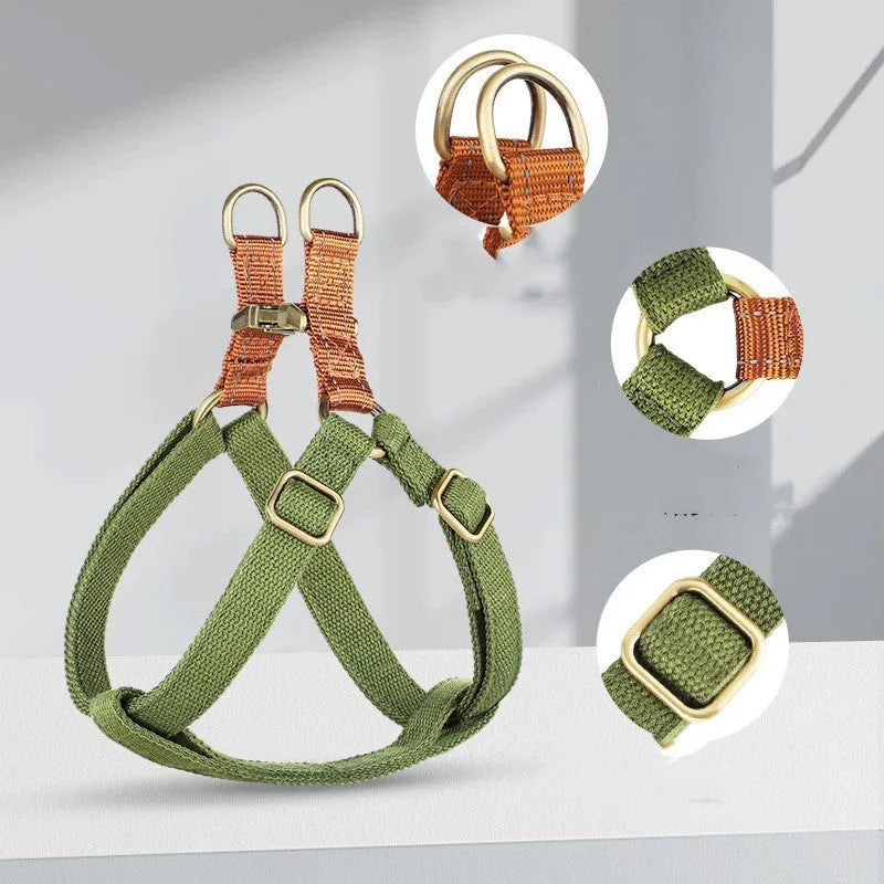 Brown vest-style anti-loss dog leash with cotton belt and nylon lead attached via alloy fastener