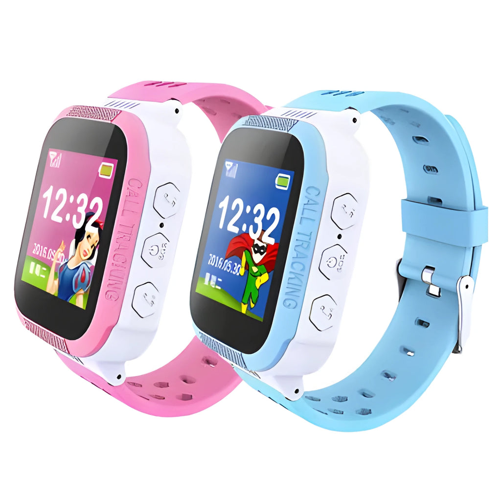 Blue and Pink children's phone watch showing 1.44-inch IPS screen on a wrist.