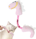 Set of four colourful plush cat toys including a fish, mouse, bunny, and rope on a plain background.