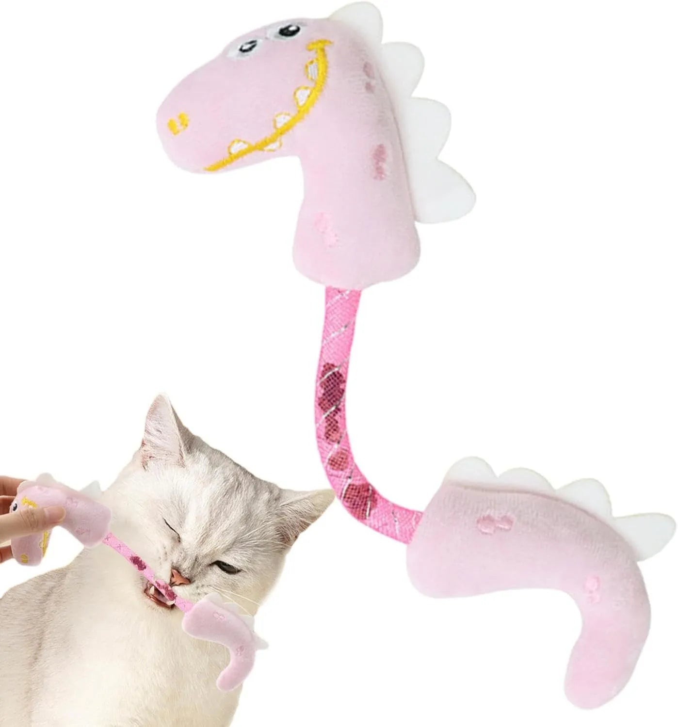 Set of four colourful plush cat toys including a fish, mouse, bunny, and rope on a plain background.