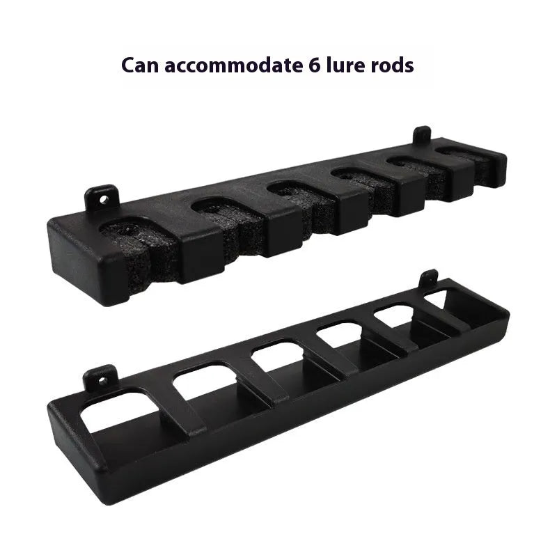 Black ABS plastic wall-mounted fishing rod storage rack shown in vertical and horizontal styles