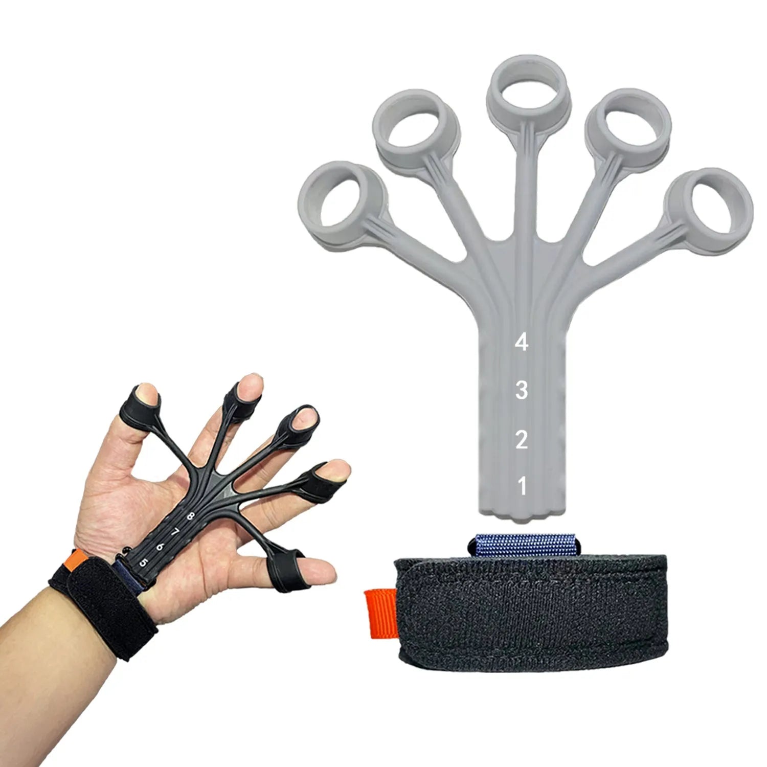 Black and grey silicone finger trainer tension rope with adjustable belt for rehabilitation.