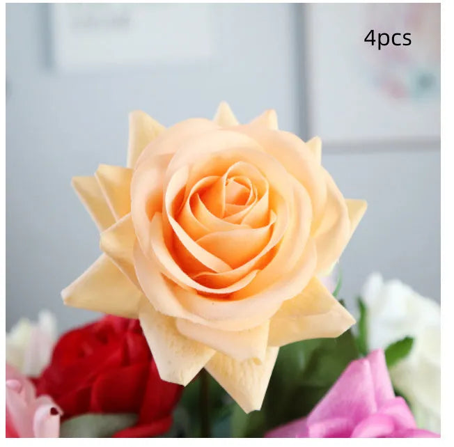 Artificial silk rose flower with red petals and green plastic stem measuring approximately 42cm long