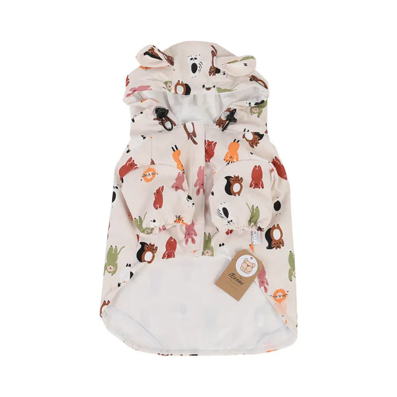 Beige cartoon pattern dog raincoat with double waterproof coating, shown in size L.