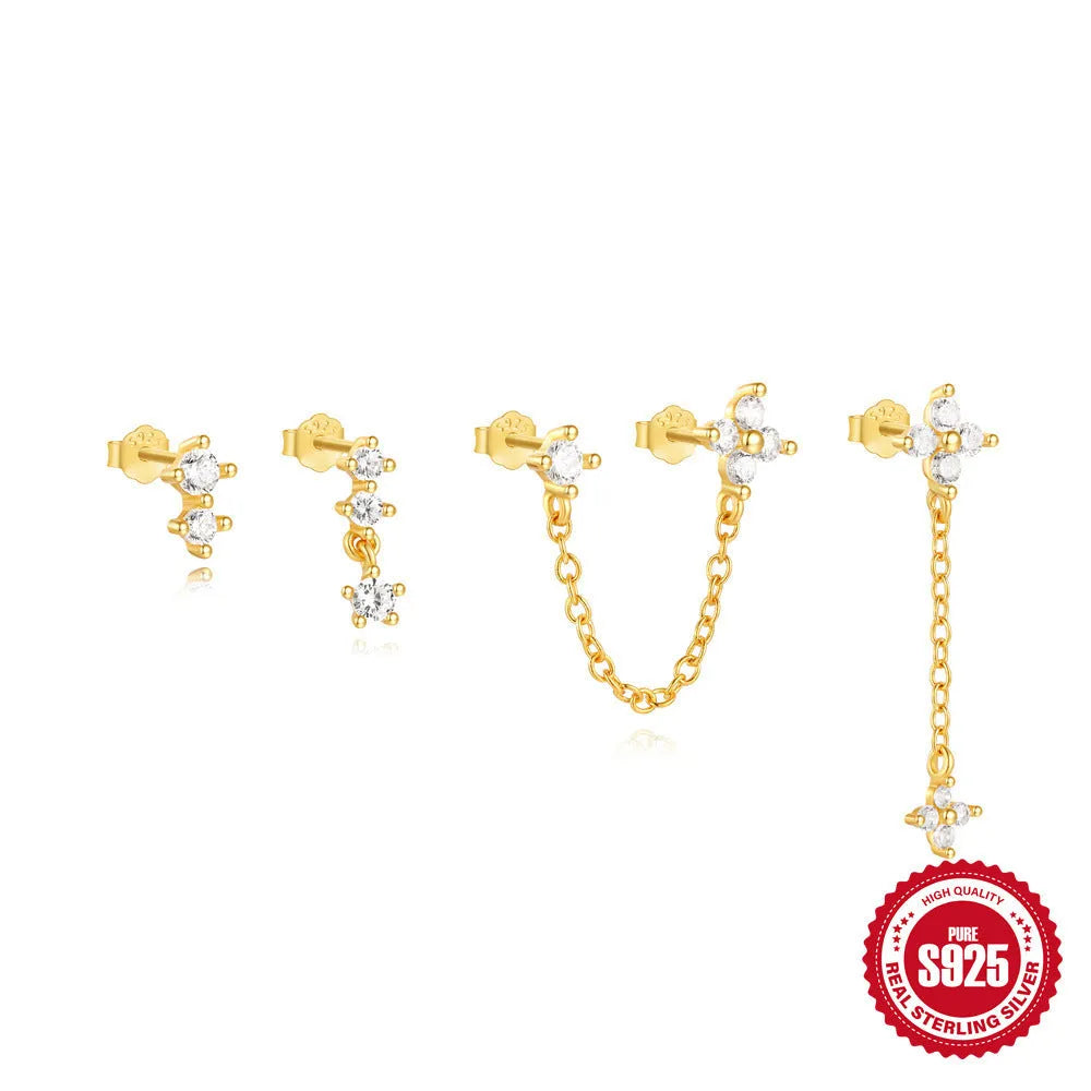 S925 sterling silver earrings with geometric clover petal design and electroplated gold finish