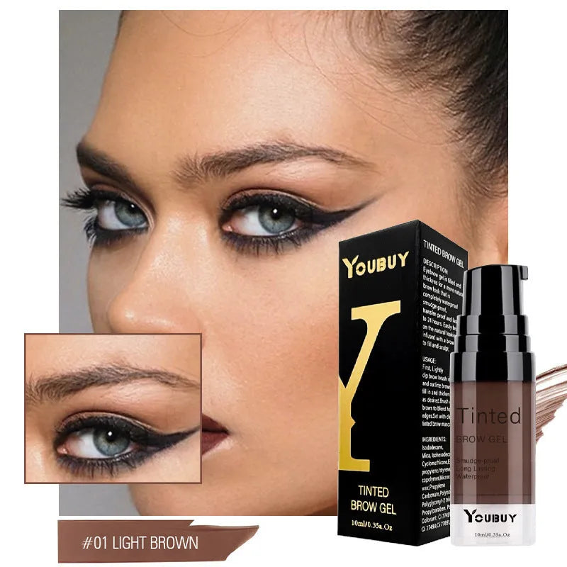 Waterproof quick-drying eyebrow cream in brown and black shades with dark grey and golden yellow options