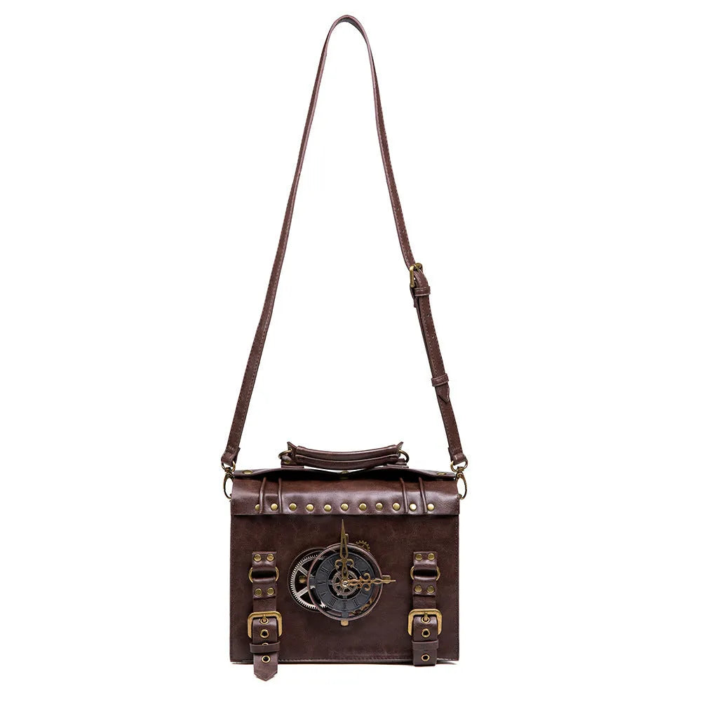 Bronze steampunk industrial retro shoulder bag with metal hardware details