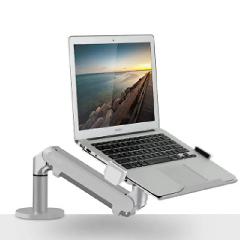 Aluminium laptop stand with adjustable air pressure arm bracket in silver colour