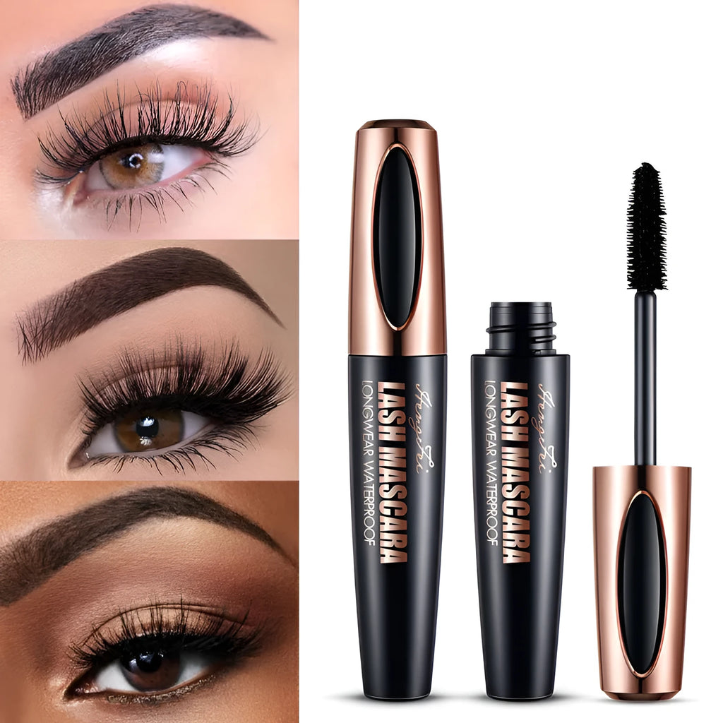 Black waterproof and sweat-proof mascara for thick, curled lashes, shown with OPP bag or colour box packaging.