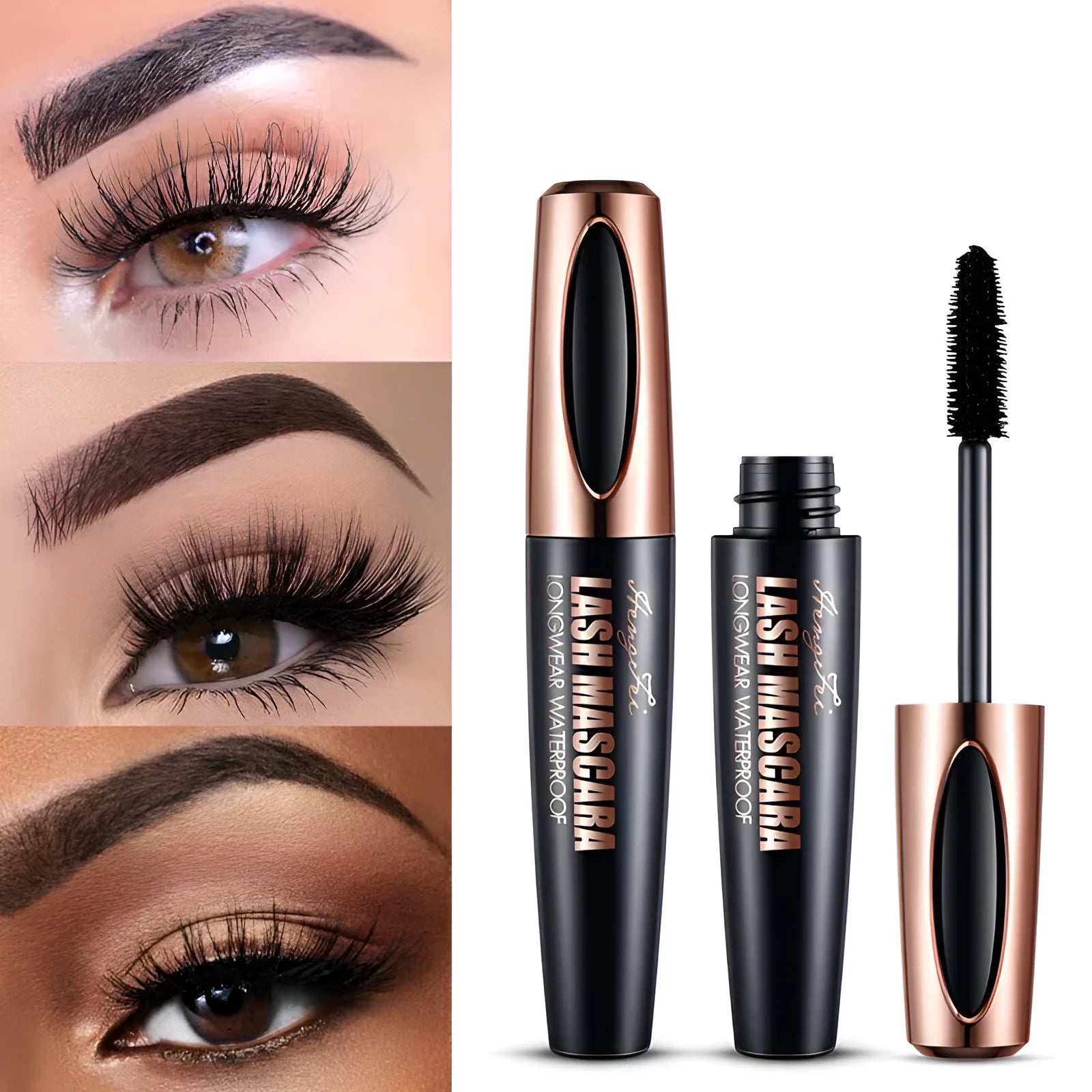 Black waterproof and sweat-proof mascara for thick, curled lashes, shown with OPP bag or colour box packaging.