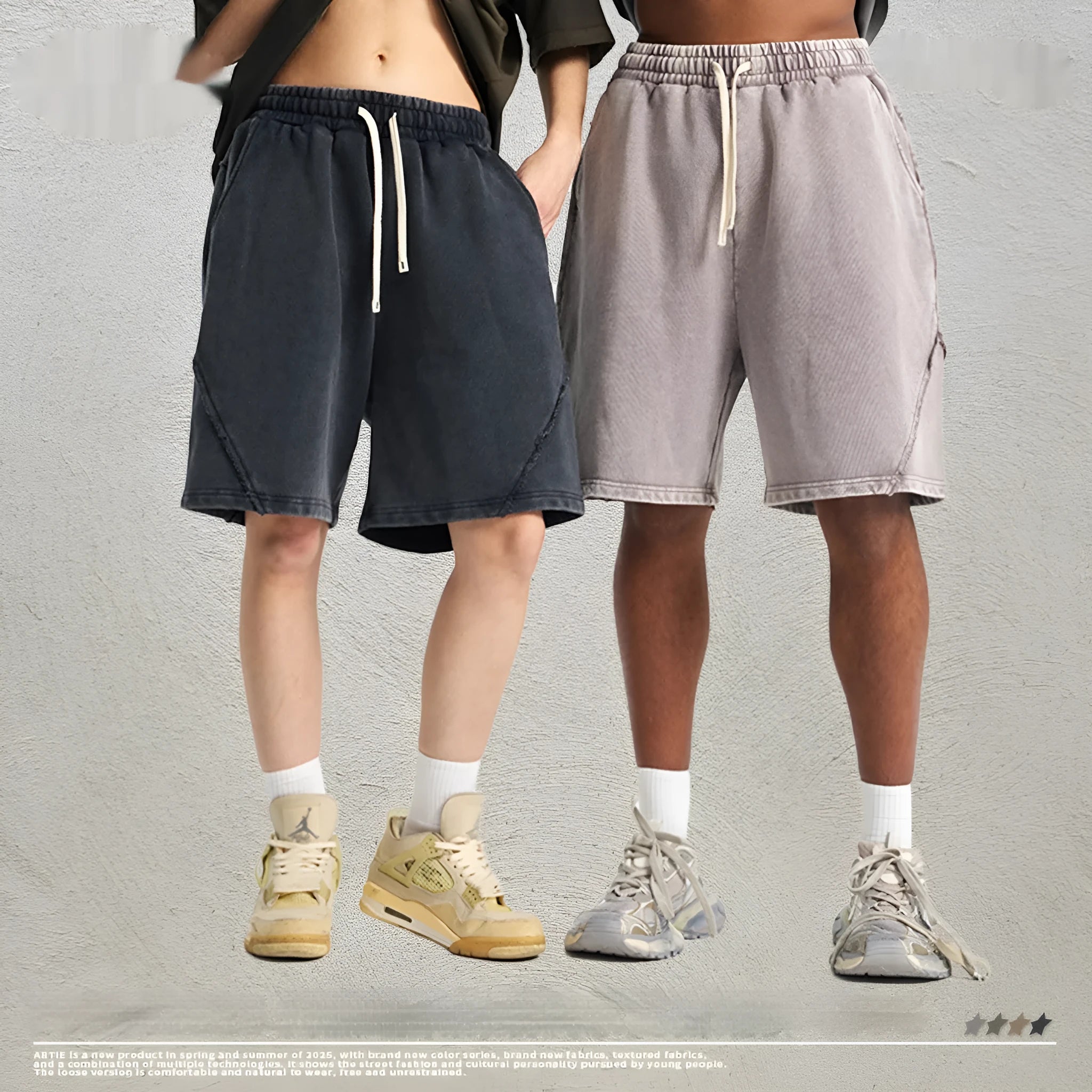 Man wearing batik-washed brown loose-fit cotton terry shorts on a casual street.