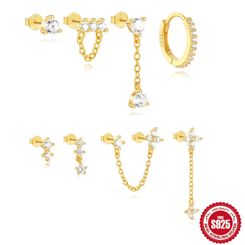 S925 sterling silver earrings with geometric clover petal design and electroplated gold finish