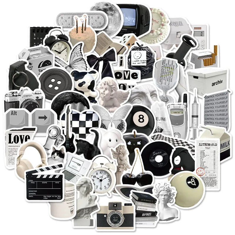 61-piece black and white PVC waterproof sticker pack for laptops, phones, luggage, and sports equipment decoration