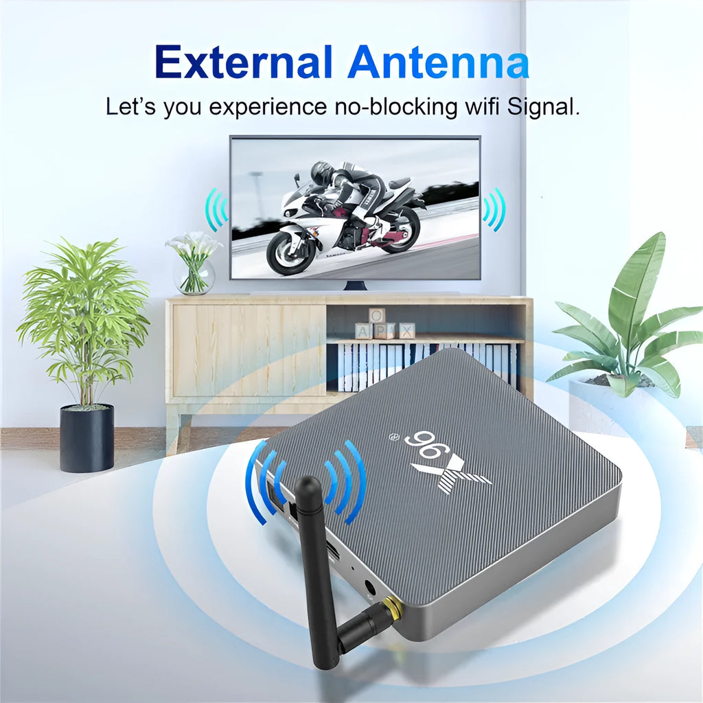 Smart Voice Android TV set-top box with remote control and HDMI cable.