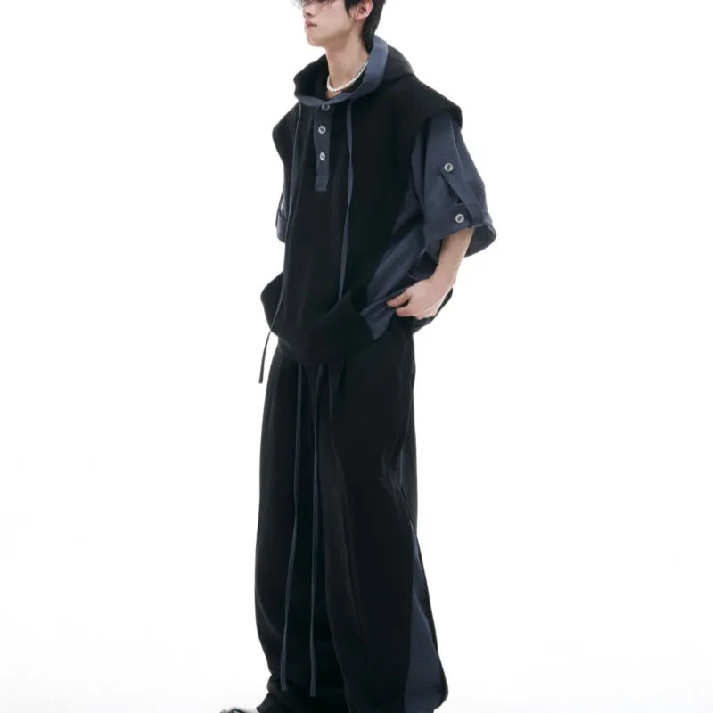 Men's black hooded polyester tracksuit with three-dimensional stitching on jacket and trousers