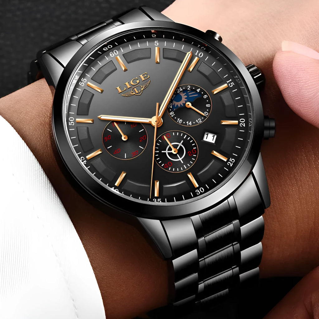 Men's black and rose red gold sports quartz watch with moon phase display on wrist.