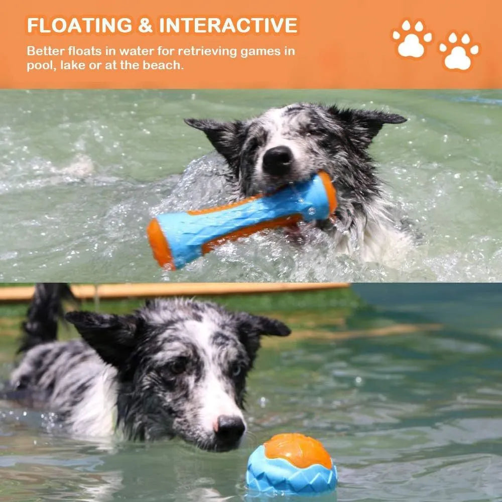Three TPR floating dog toys: ball, barbell and tyres with bumpy texture for water fetch games