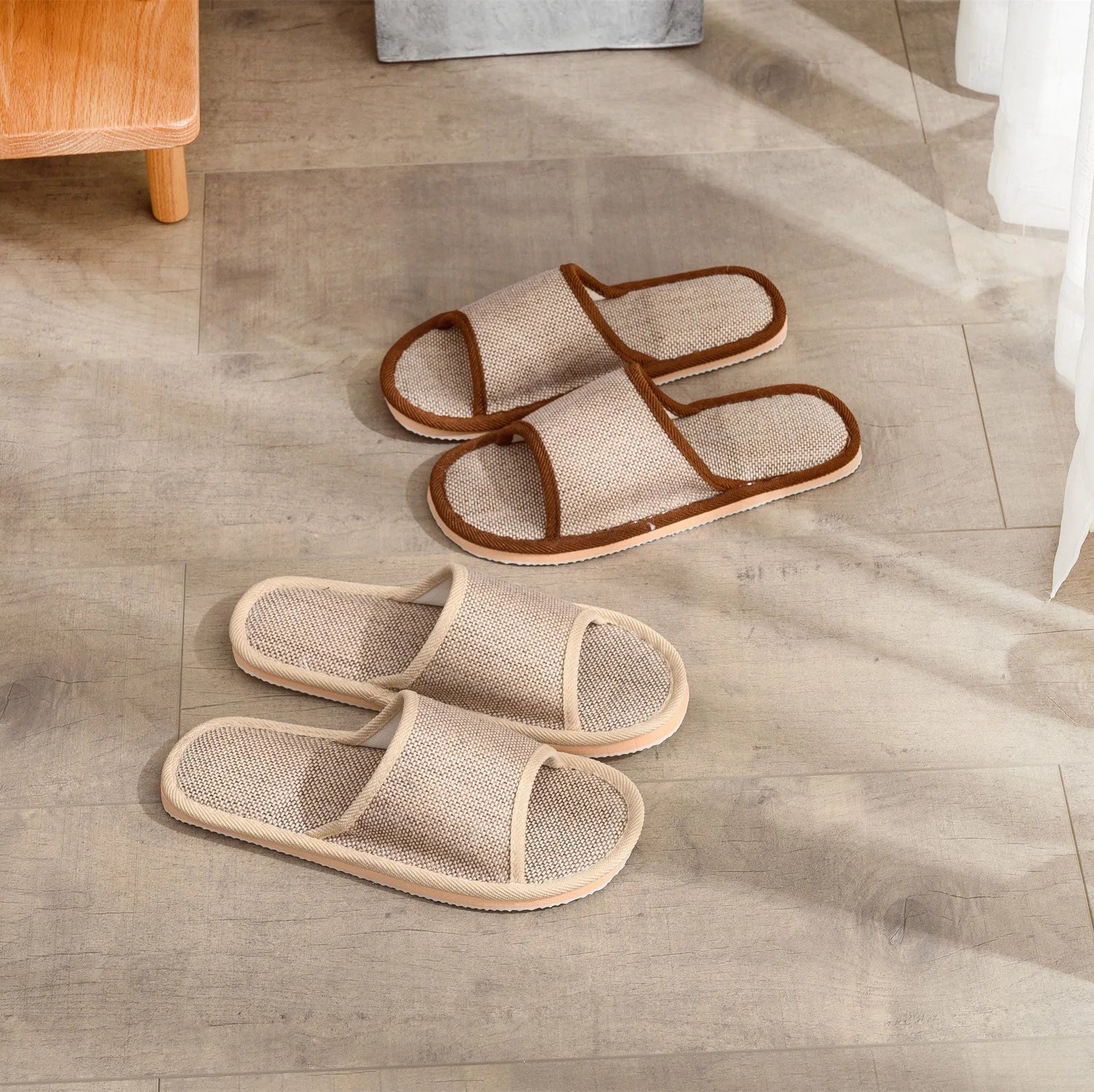 Women's open-toe linen slippers in light brown colour showing breathable design and thickening sole.