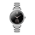 AK38 ladies smart watch with stainless steel wristband on wrist showing 1.09-inch screen