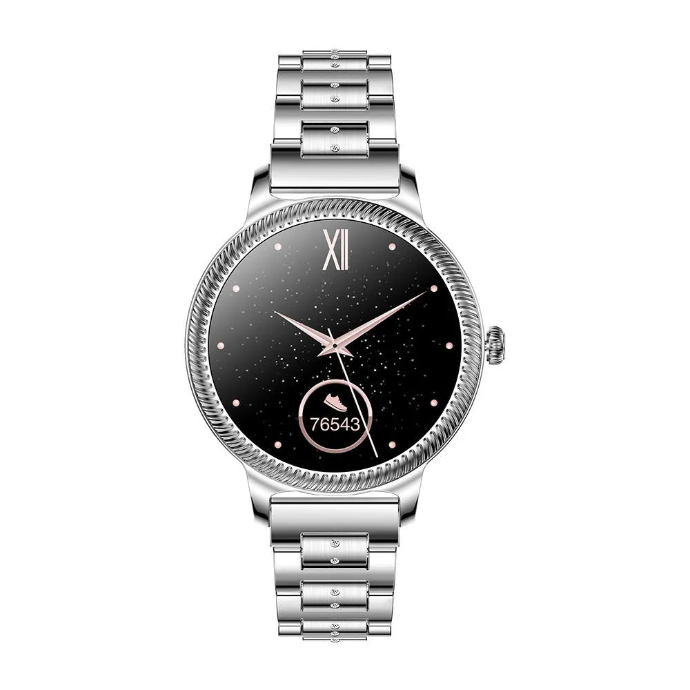 AK38 ladies smart watch with stainless steel wristband on wrist showing 1.09-inch screen