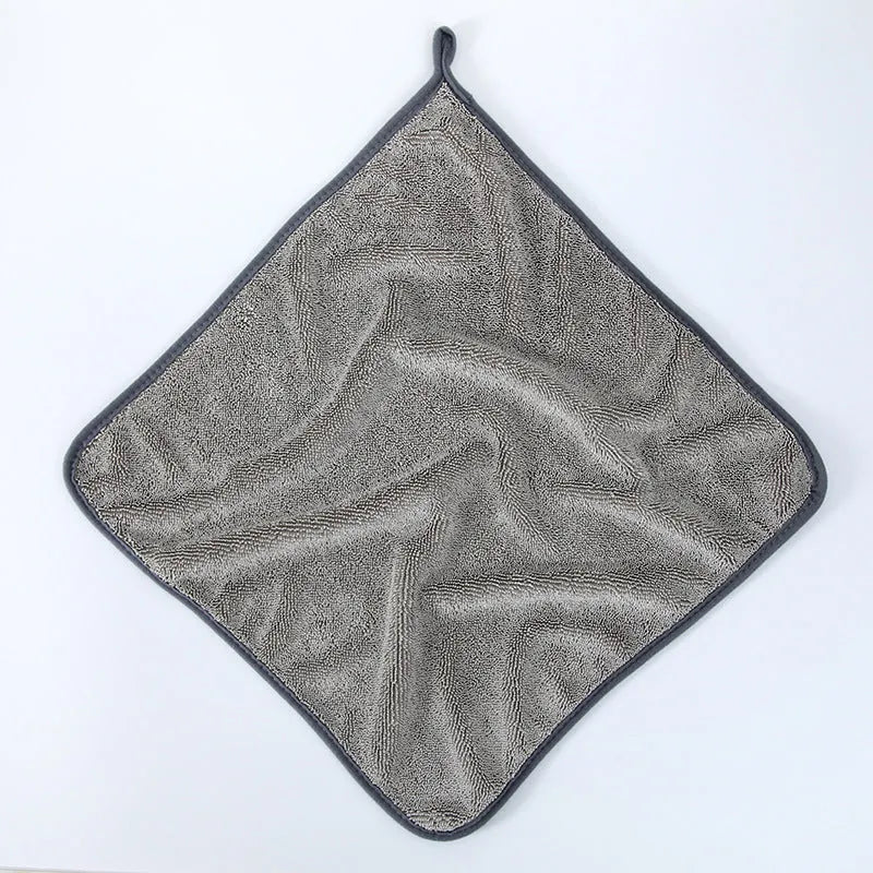 Braided twist car cleaning towel shown in grey and grey with red edge variants with size examples