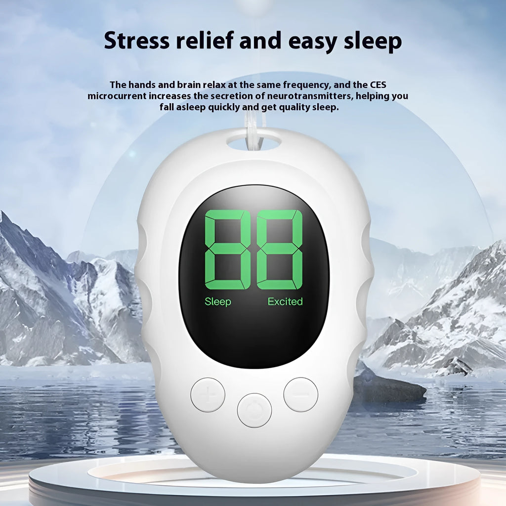 Rechargeable silicone sleep aid hand grip device in black, white, or green colour with USB charging cable.