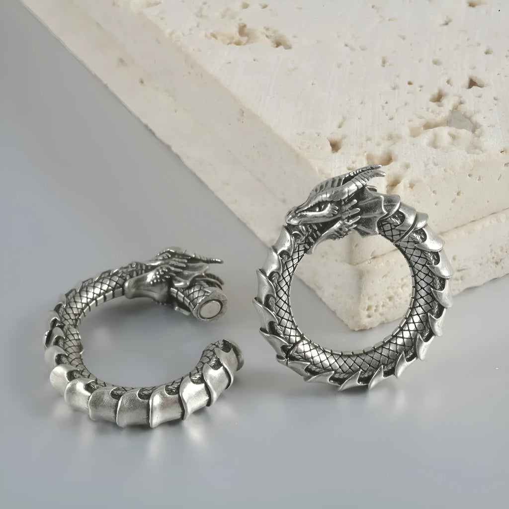 Geometric dragon shape stainless steel earrings in antique silver with hollow-out detail.
