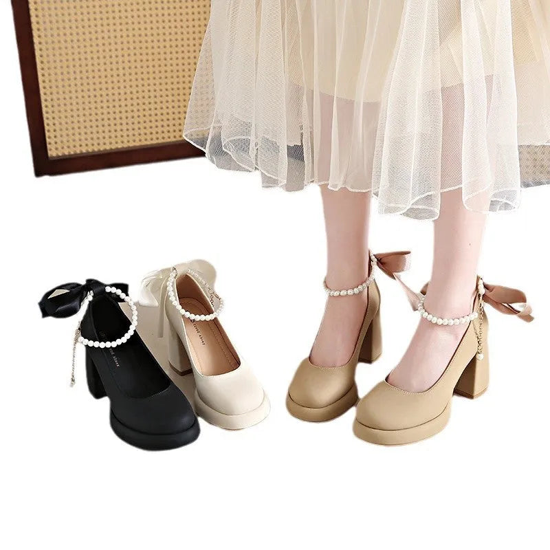 Women's beige Mary Jane shoes with chunky heel and pearl ankle-strap buckle on round toe design
