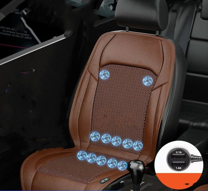 Car seat cushion with ventilation fan system showing multiple colour options and fan configurations