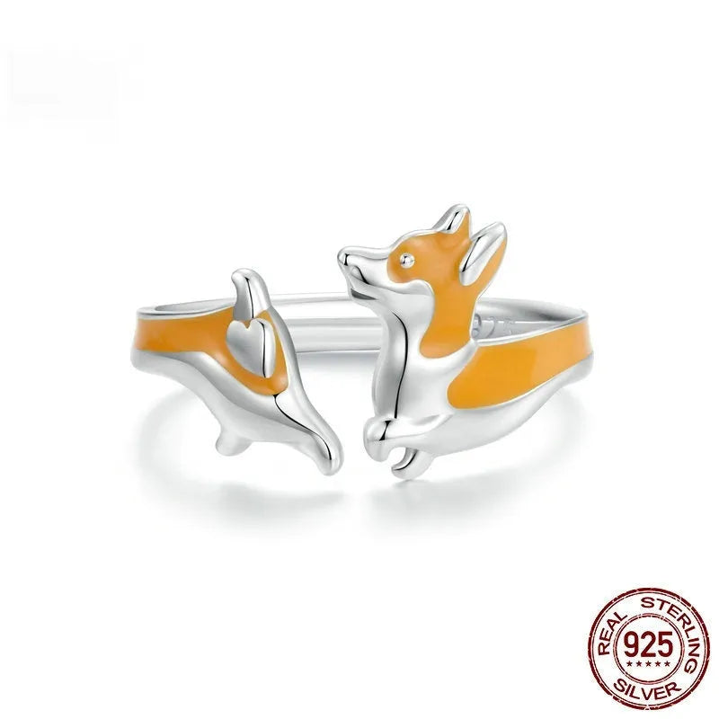 Silver electroplated cartoon corgi pet ring for women with adjustable design