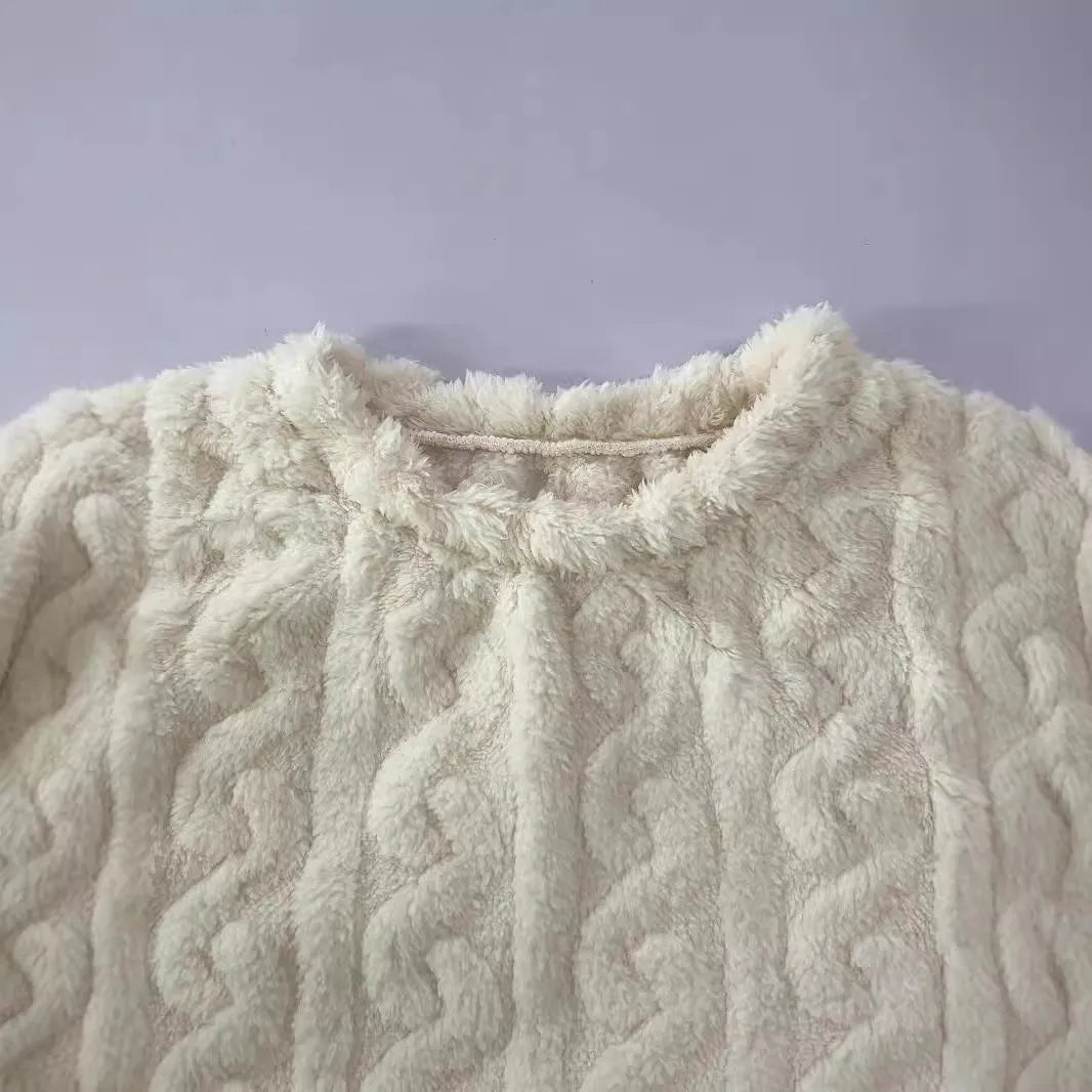 Women's milky white plush polyester two-piece lounge set with crew neck top and matching trousers