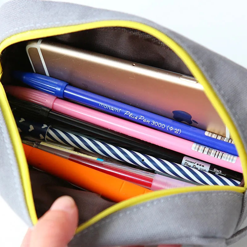 Canvas pencil case with cat cartoon design, large zipper opening, square shape, available in blue beige gray black