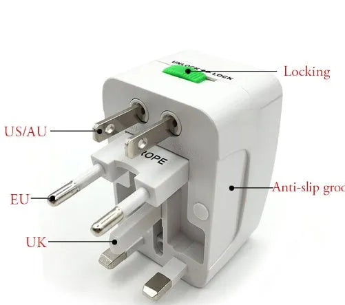 Universal travel adapter plug measuring 73x50x39mm for international socket conversion