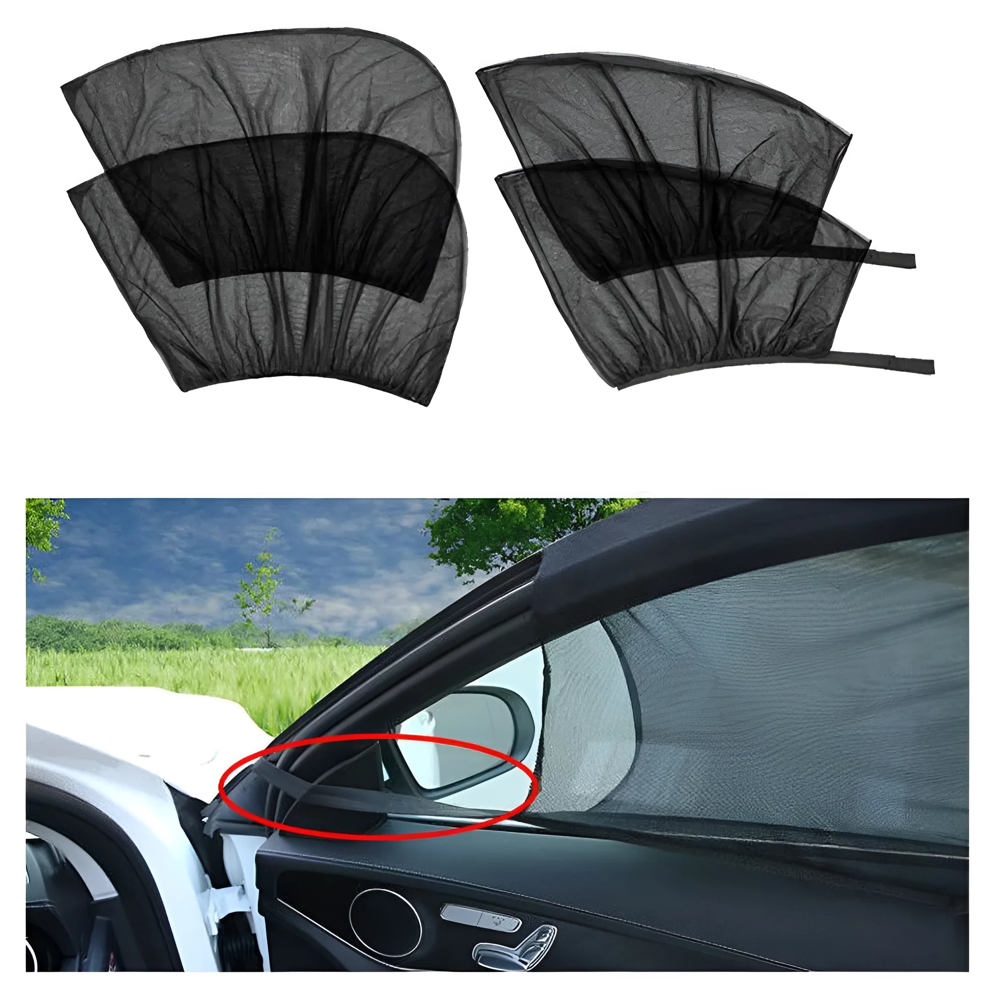 Non-woven fabric mesh car side window sun shade with elastic edge for front and rear windows.