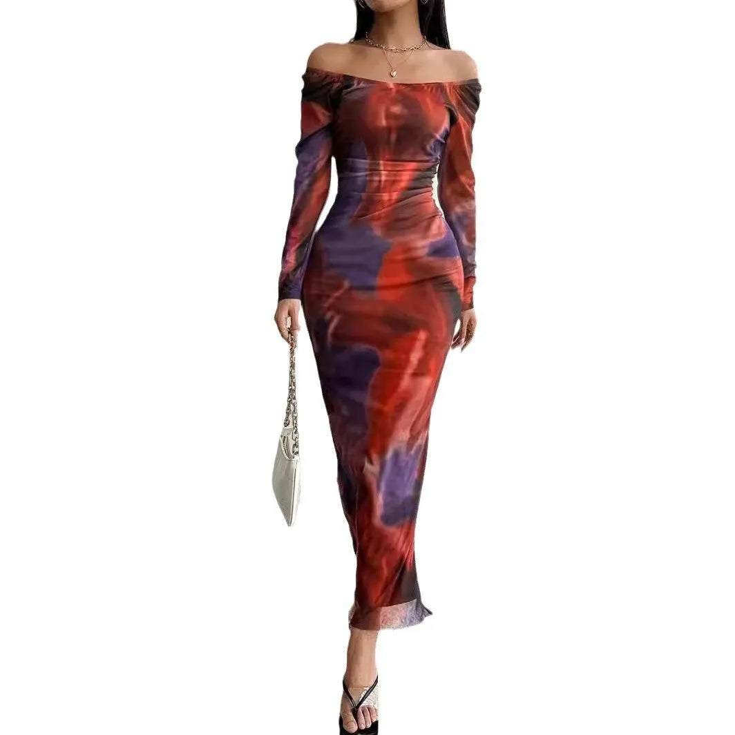 Long gradient print fishtail dress with square collar, shown in one of eight colour options.