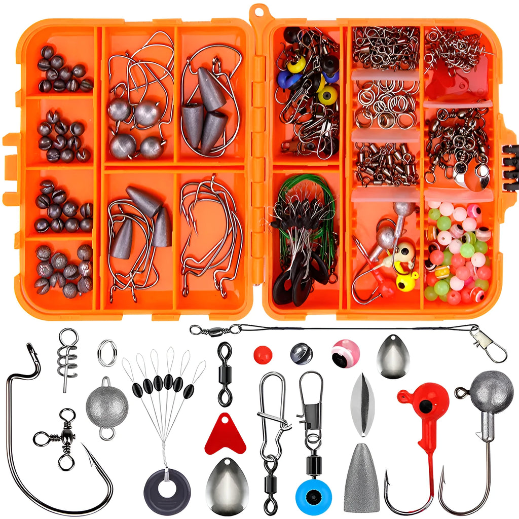 Weihe 257-piece fishing lure accessories kit in orange or black box for Texas sea fishing