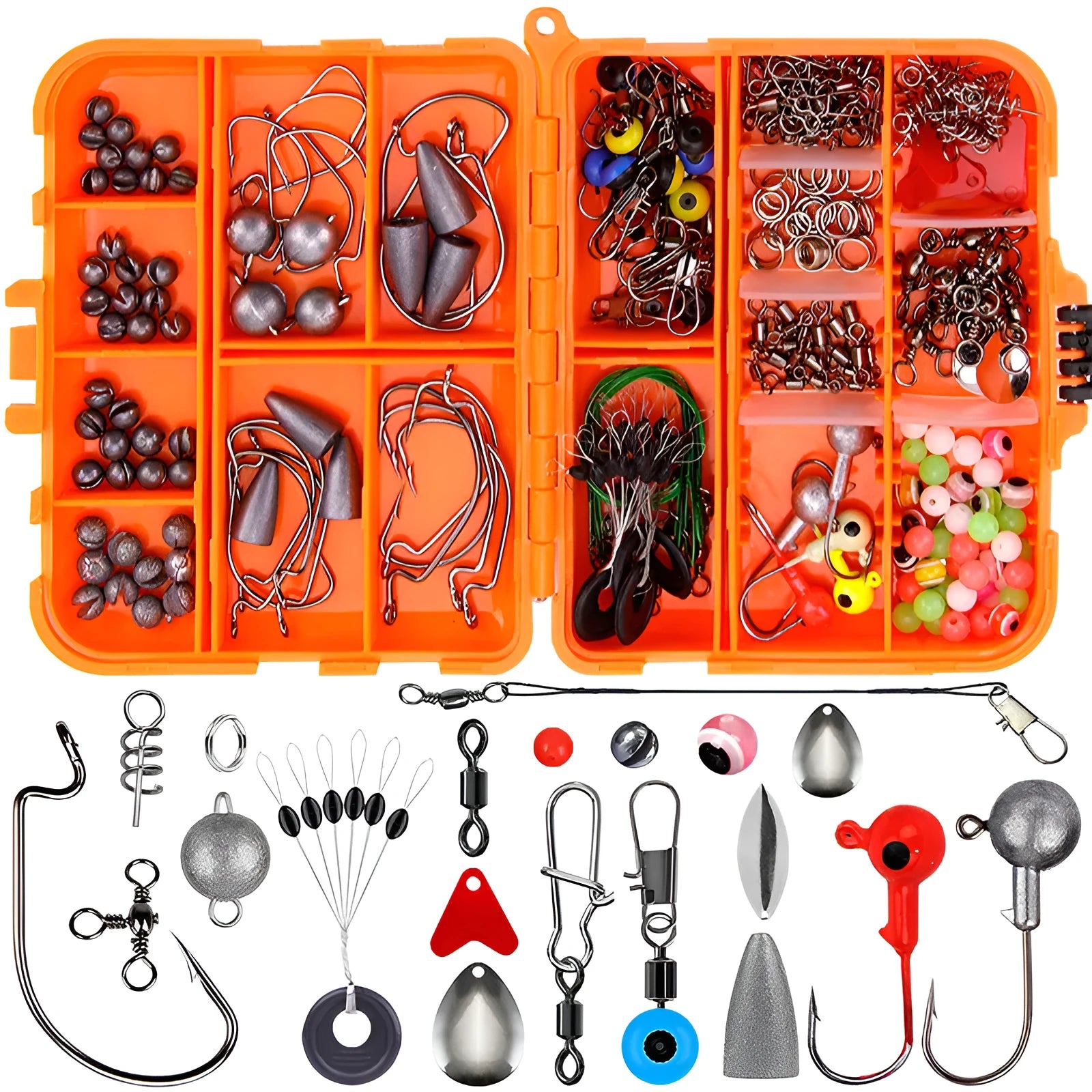 Weihe 257-piece fishing lure accessories kit in orange or black box for Texas sea fishing