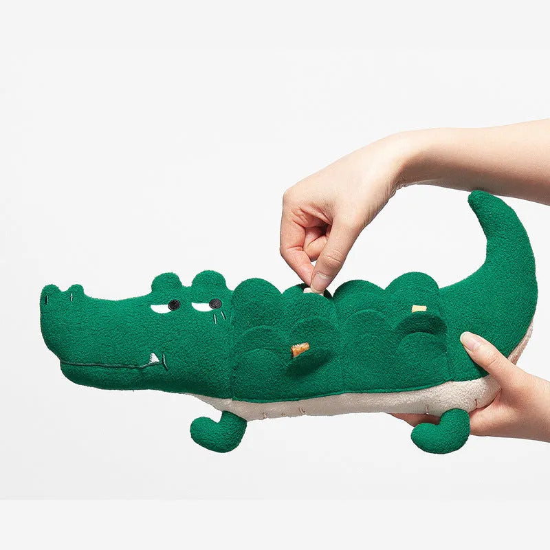 Green plush dog toy on a white background showing its 35cm height and soft fabric texture.