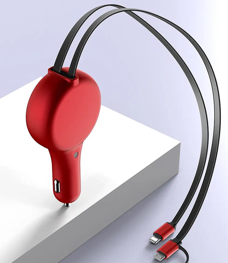 Black retractable car charger with extended charging cables showing three different charging head types