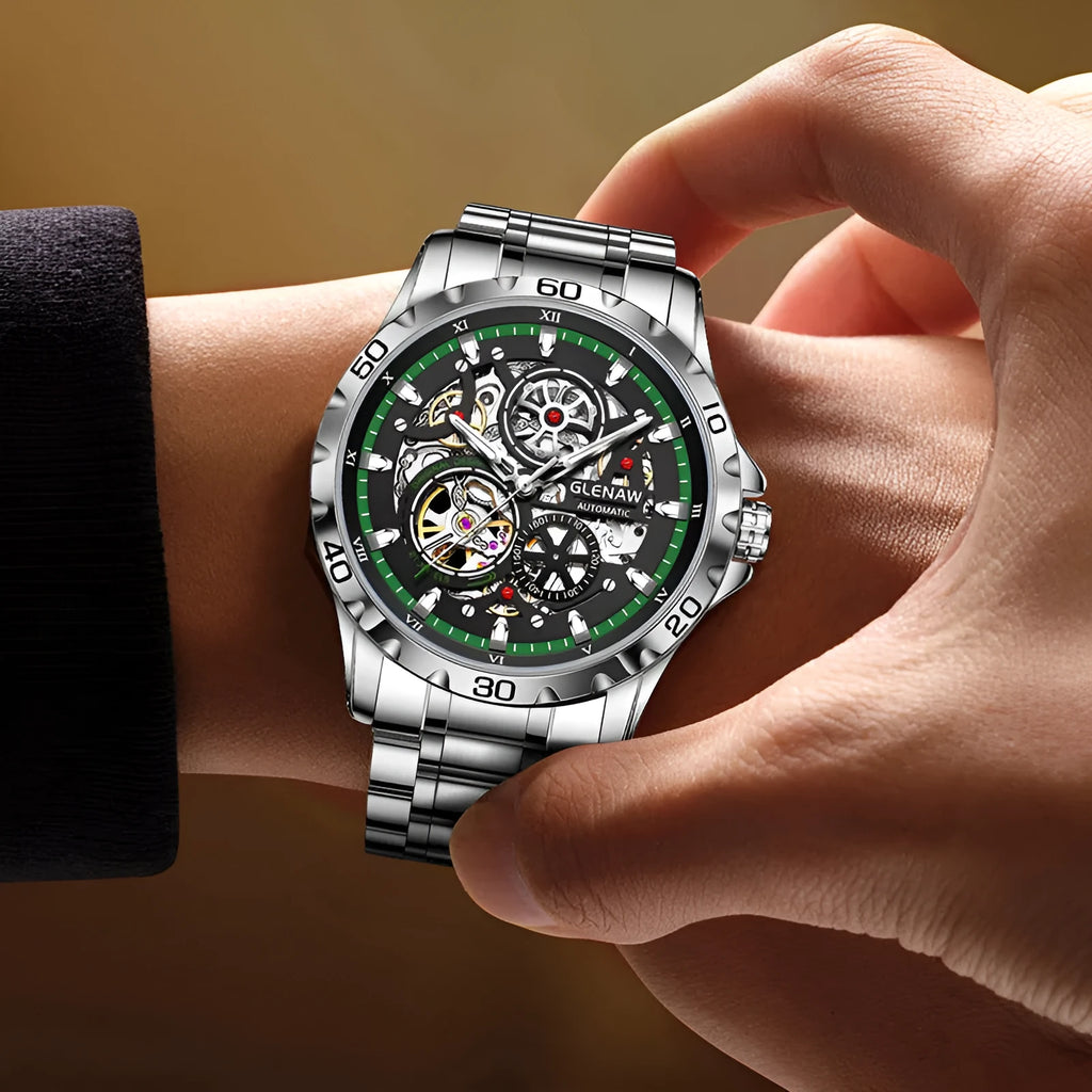 Men's automatic watch with hollow-out design showing mechanical movement and luminous hands
