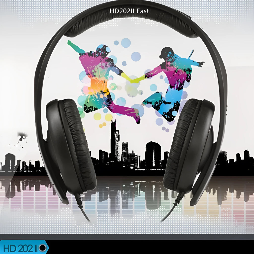 Black head-mounted stereo headphones with 40mm speakers, 3.5mm plug, and built-in microphone