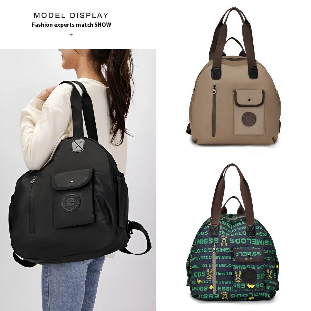 Large nylon backpack in black colour showing sandwich pocket design and dimensions