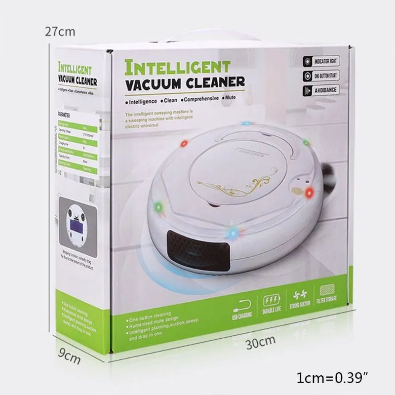 Smart floor sweeping robot vacuum cleaner in black, blue, or white colours with charging cable and cleaning attachments
